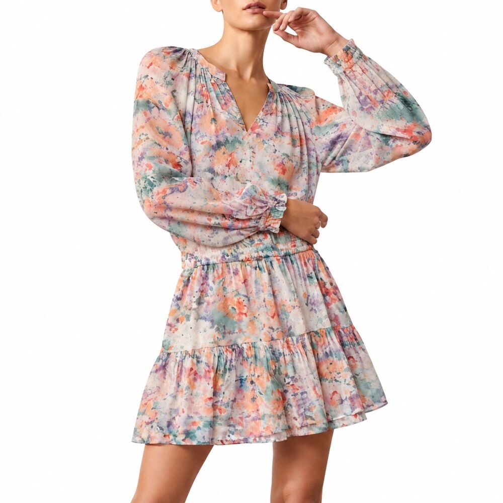 NWT Velvet Graham & Spencer Dress S Watercolor Floral Viscose Tiered Mini Boho